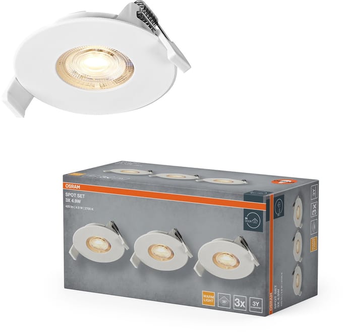 OSRAM Spot Set LED inbouwspot, 4,9W, 2700K, plafondspot 36°, wit, aluminium, warm wit, set van 3
