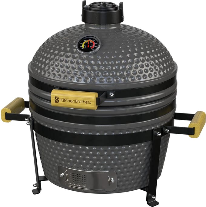 KitchenBrothers Kamado BBQ - 16 Inch Houtskool Barbecue - 34⌀ cm - PFAS-vrij - Deluxe Set - Egg BBQ met Accessoires - Grijs