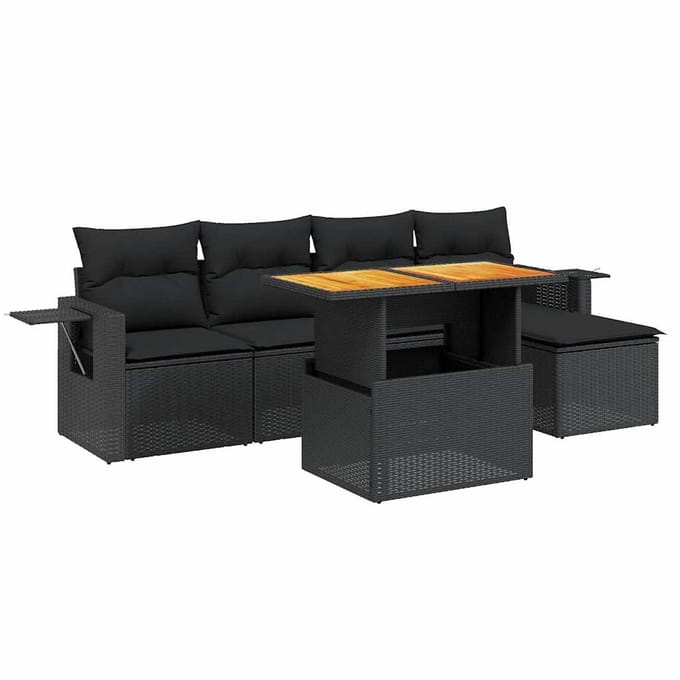 vidaXL - 6-delige - Loungeset - met - kussens - poly - rattan - zwart