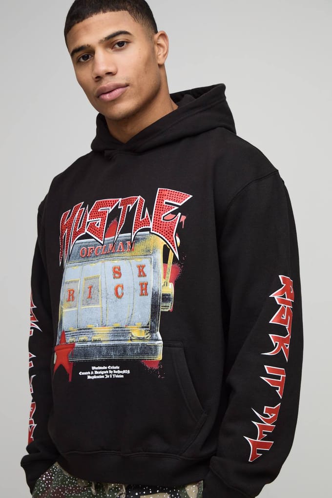 Zwarte oversized boxy Hustle slotmachine met rhinestone print hoodie | Black | Size Medium