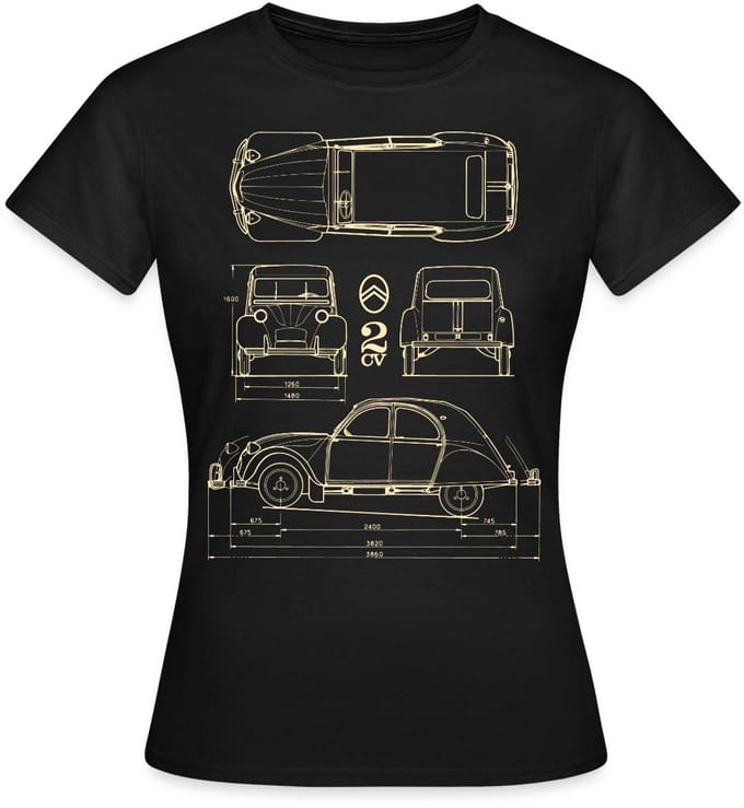 Citroën 2CV Maat Specificaties Blauwdruk T-Shirt Dames