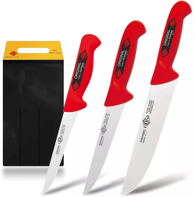 Eikaso Solingen Slagersmessenset Rood – 3-Delig – Molybdeenstaal IJsgehard – Antislip Handgreep – Incl. Messentas