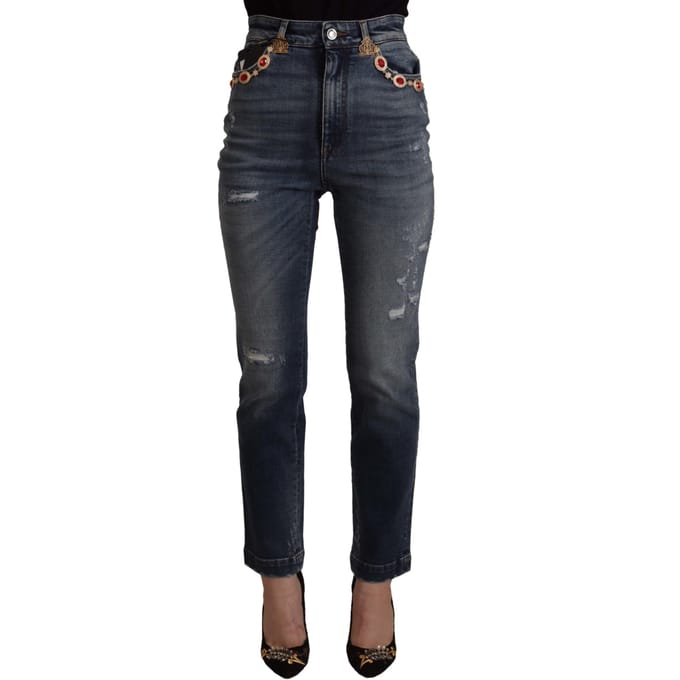 Dolce & Gabbana Blauwe Denim Kristallen Versierde Broek Damesjeans