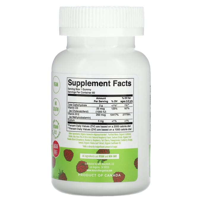 MaryRuth's, Vitamine D3 + B12 gummies, op basis van pectine, framboos, 60 gummies
