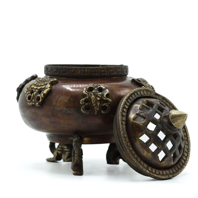 Tibetaanse wierookbrander van messing - Staande pot met zes symbolen