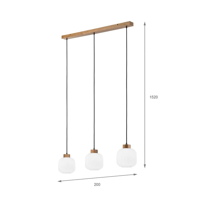 Lamkur Harmony hanglamp, lengte 110 cm, opaalglas eikenhout 3-lamps.