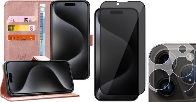 Hoesje geschikt voor iPhone 15 Pro Max - Privacy Screenprotector FullGuard & Camera Lens Screen Protector - Book Case Kunstleer Pasjeshouder Rosegoud