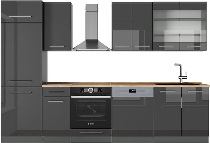 Vicco Fame-Line Complete keukeneenheid – 300 cm, WB Eik Antraciet Hoogglans
