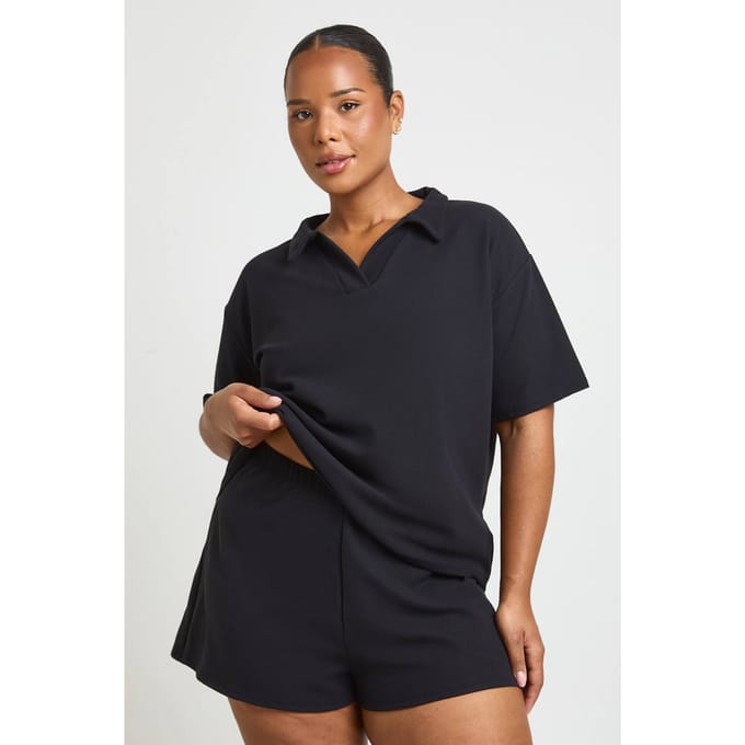 boohoo Dames Plus Wafel Short | Zwart | Maat: 44