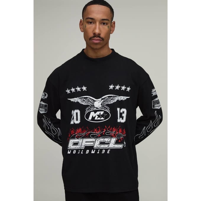 Zwart Oversized Moto Multi Grafisch T-shirt Met Lange Mouwen | Black | Size Medium