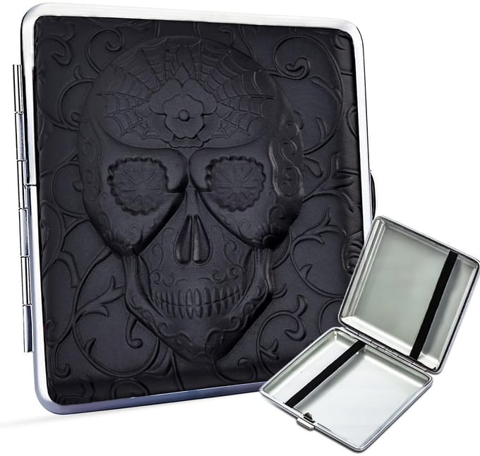 Sigarettendoosjes Skull - Kunstleer - Metaal - 20 Sigaretten - Zwart