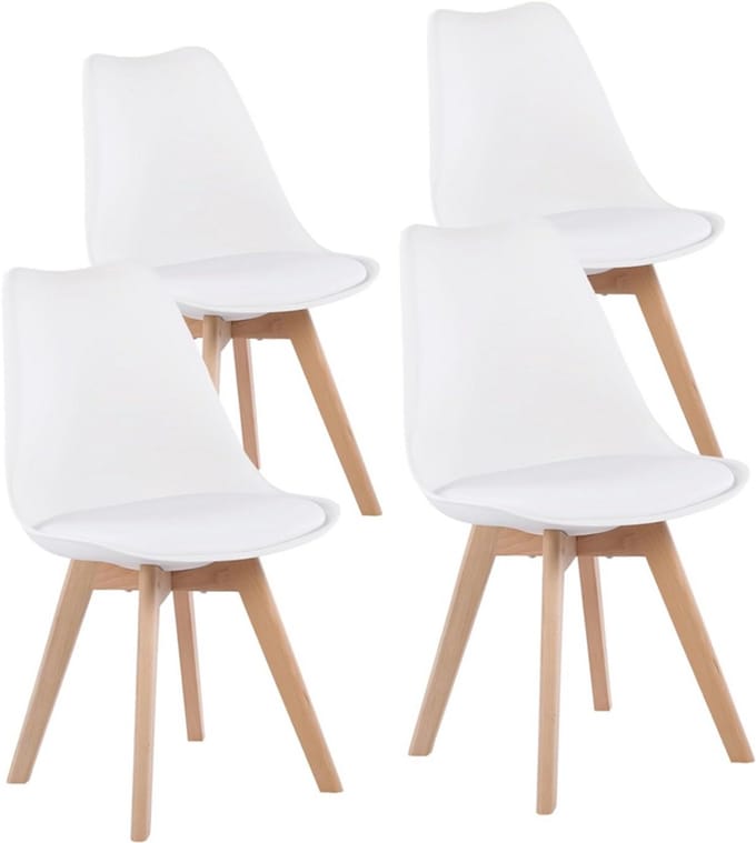 EGGREE Set van 4 lunch bureaustoelen met poten van massief eikenhout - stoelen zonder armleuningen gestoffeerd design - Wit