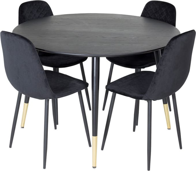 DippØ115BLBR eethoek eetkamertafel zwart en 4 Polar Diamond eetkamerstal velours zwart.