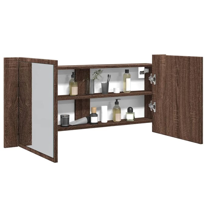 vidaXL - Badkamerkast - met - spiegel - en - LED - 100x12x45 - cm - bruin - eikenkleurig