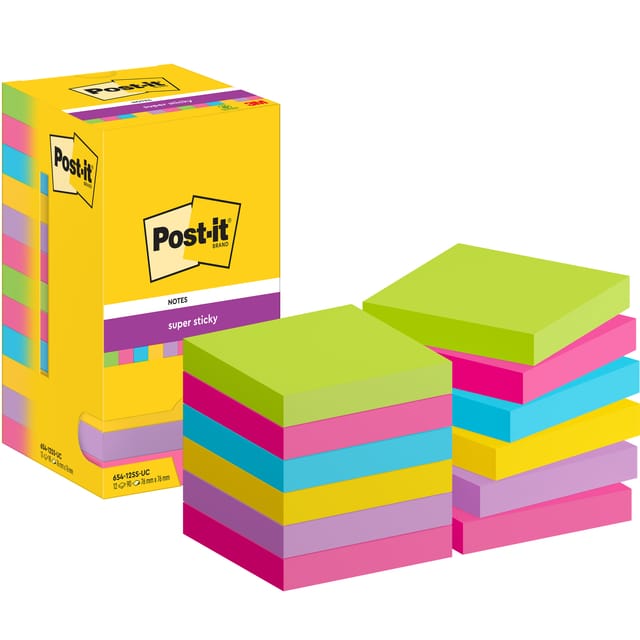 Post-It Super Sticky Notes | 90 vel | ft 76 x 76 mm | assorti | pak van 12 blokken