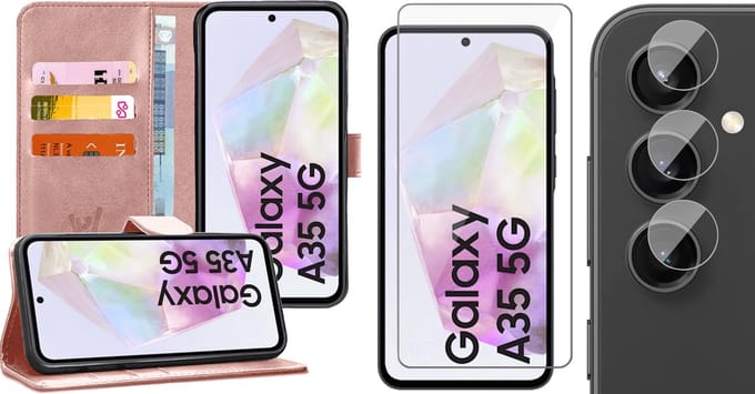 Hoesje geschikt voor Samsung Galaxy A35 - Screenprotector Glas & Camera - Portemonnee Book Case Rosegoud