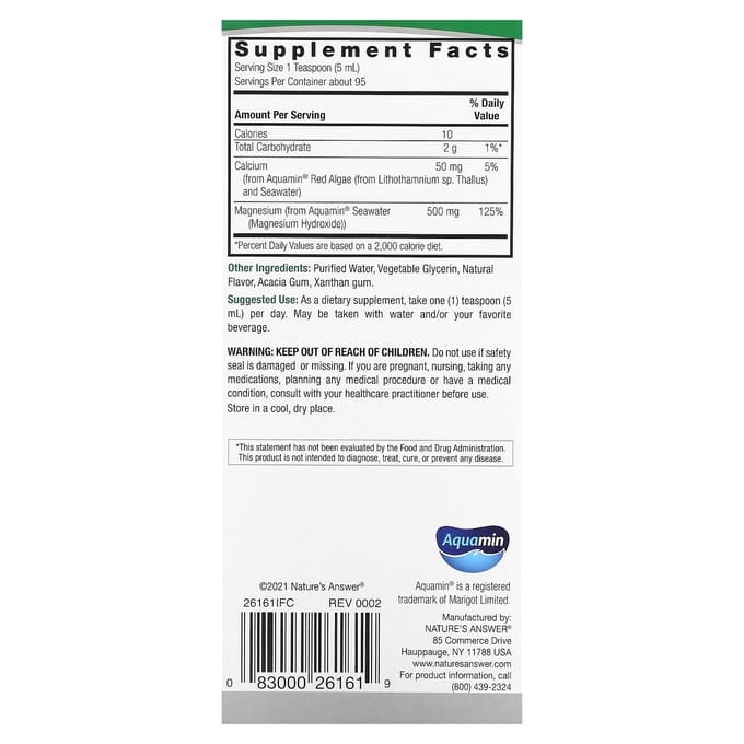 Nature'S Answer, Marien Magnesium, Vanille Crème, 500Mg, 480Ml(16 fl oz)