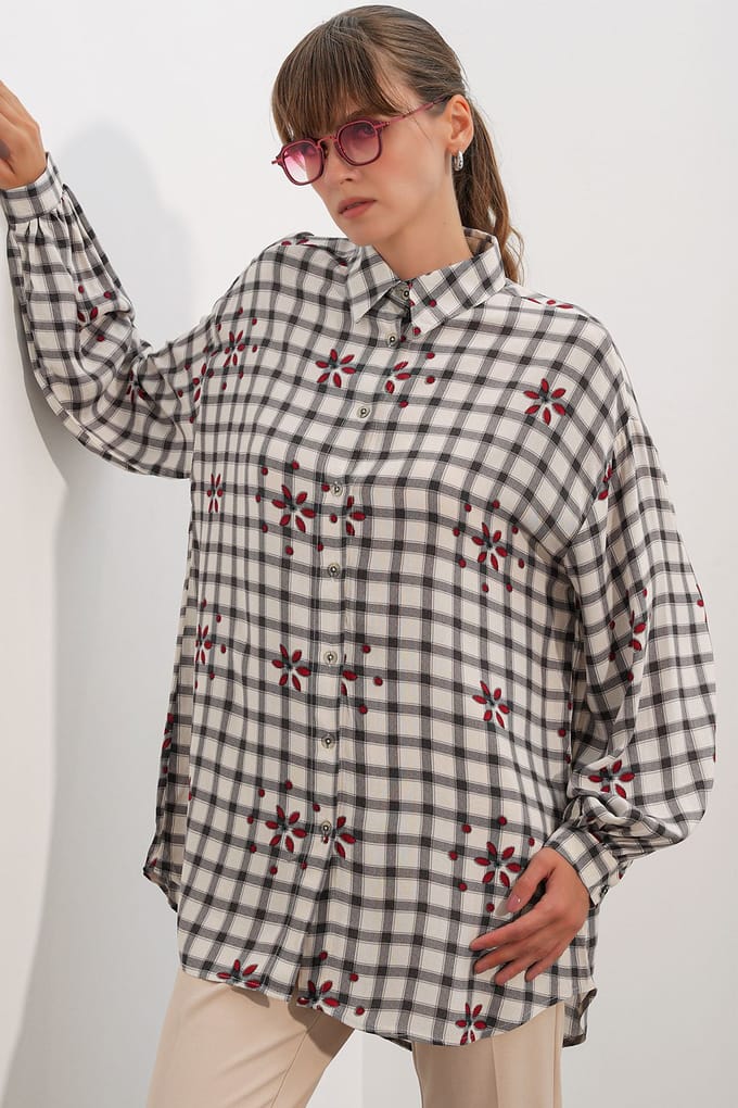Oversized Geruite Crêpe Blouse