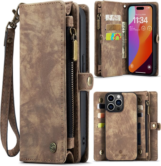 Solidenz hoesje geschikt voor iPhone 15 Pro Max – wallet met pasjeshouder en ritsvak – bruin