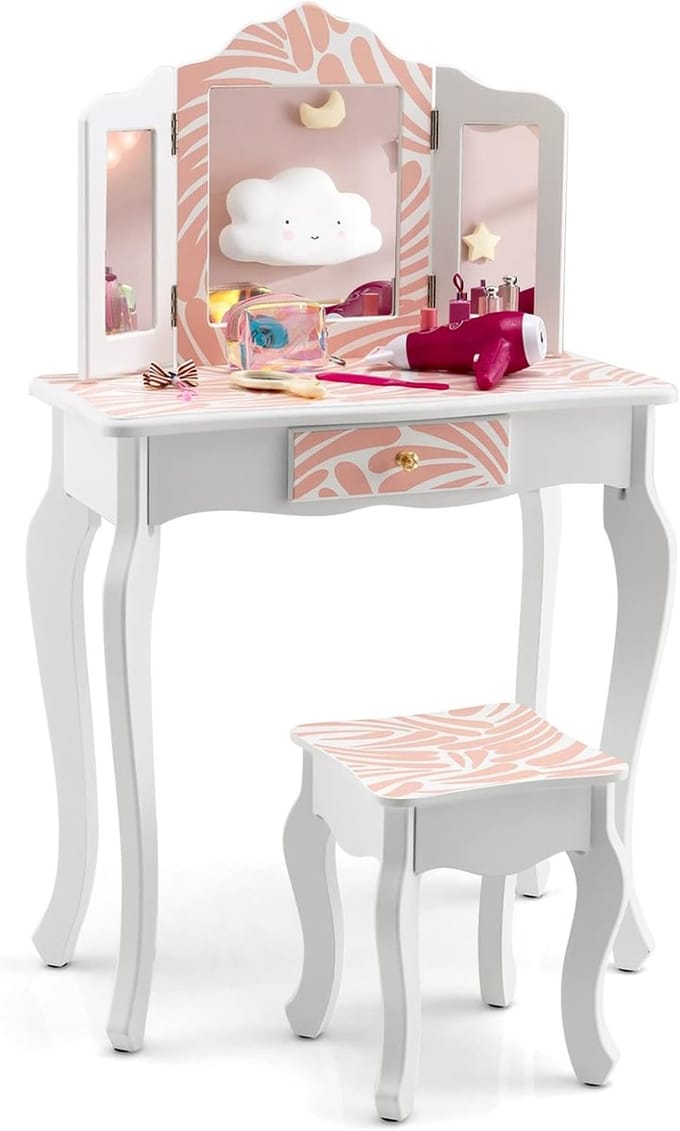 Kindermake-uptafel met Spiegel, Lade en Kruk - Roze Luipaard