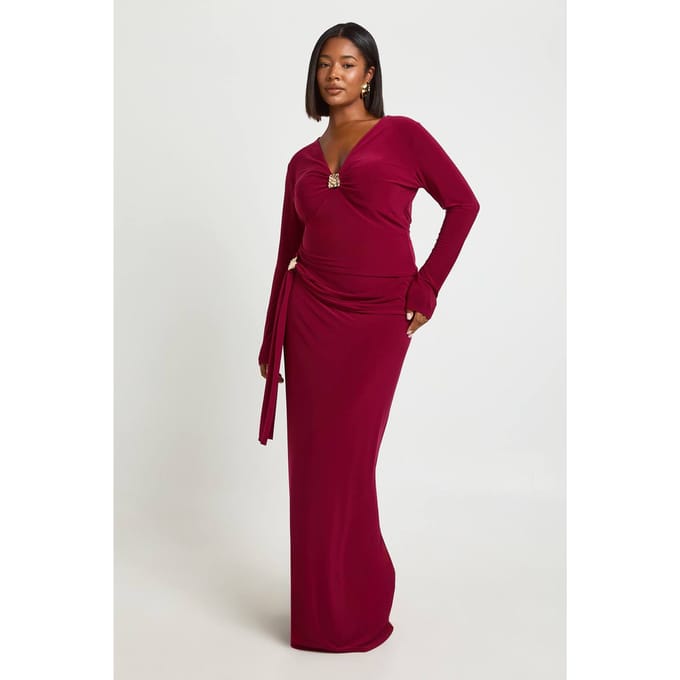 boohoo Dames Plus Size Maxi Rok Met Draperie Detail | Wijn | Maat: 48