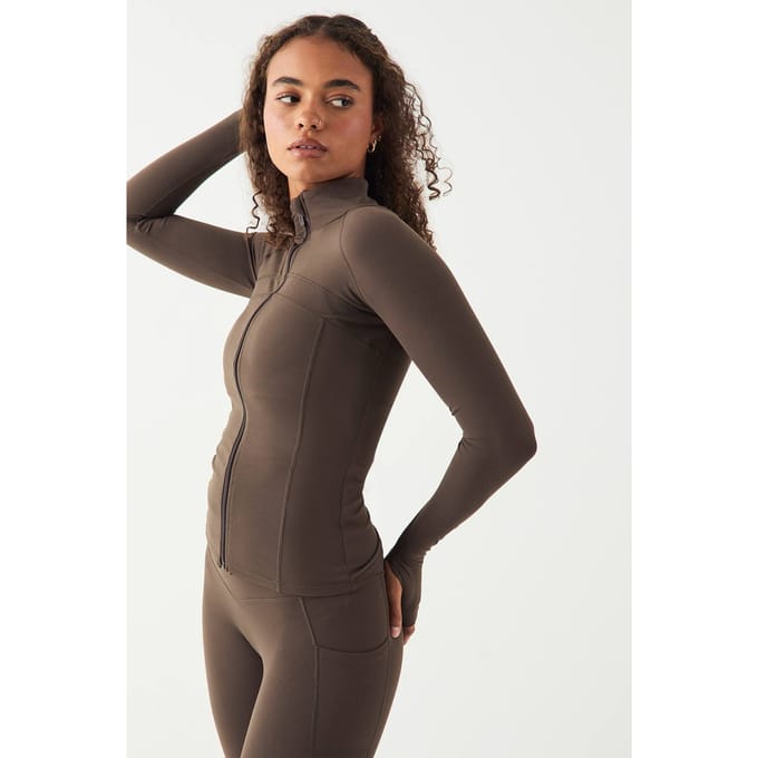 Dames DSGN Studio Ultra Sculpt Ritssluiting Sportjack | Espresso | Maat: 2XL