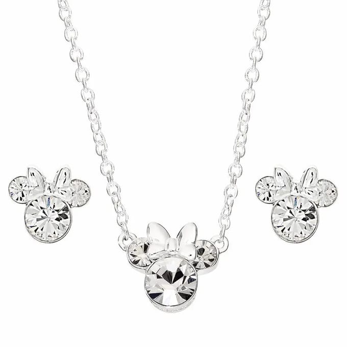 Disney - Minnie Mouse Silver Plated brass and clear crystal Necklace and Stud Earring Set