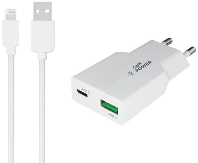 OneOne 30W Lader met USB A en C poort + 0,5m OneOne USB A naar Lightning kabel. USB C voor snelladen. PD PPS lader. GAN oplader adapter past op Apple iPhone 5, iPhone 5c, iPhone 5s, iPhone 6, 6 Plus, 6s, iPhone 7, 7 Plus, iPhone 8, 8 Plus