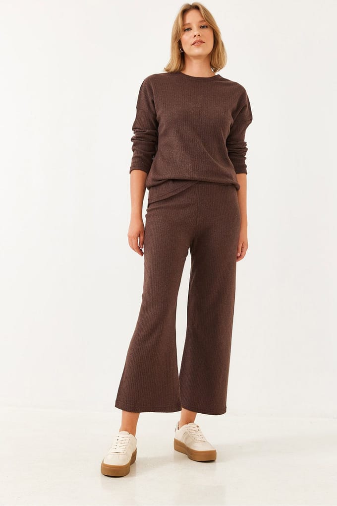 Geribbelde Textuur Crewneck Trui en Broek Set