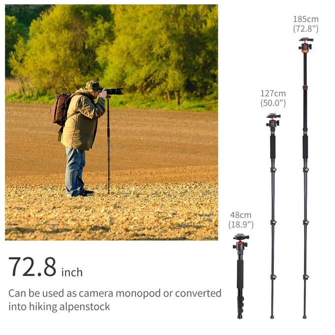 K&F CONCEPT 175 cm Opvouwbare Statief Camera Statief met Balhoofd 10 kg / 22 lbs Draagvermogen Aluminium zwart