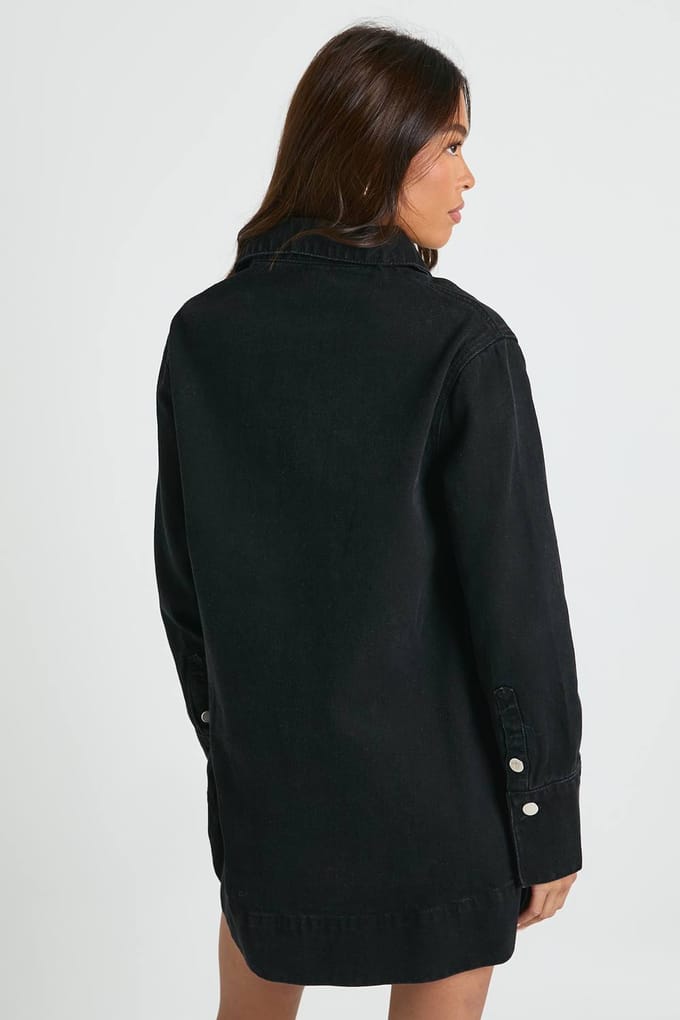 boohoo Dames Denimjurk met lange mouwen | Washed Black | Maat: 8