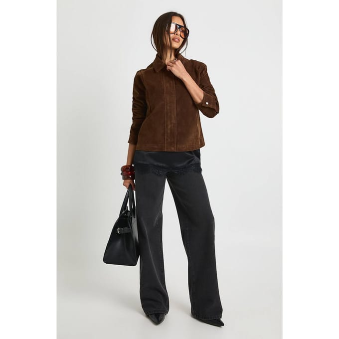boohoo Dames Namaaksuede jasje met kraag | Chocolate | Maat: 14
