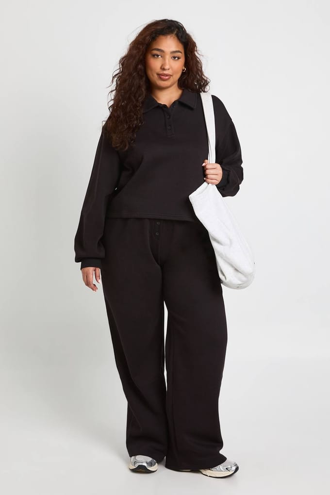 boohoo Dames Plus Button Down wijde pijp joggers | Black | Maat: 20