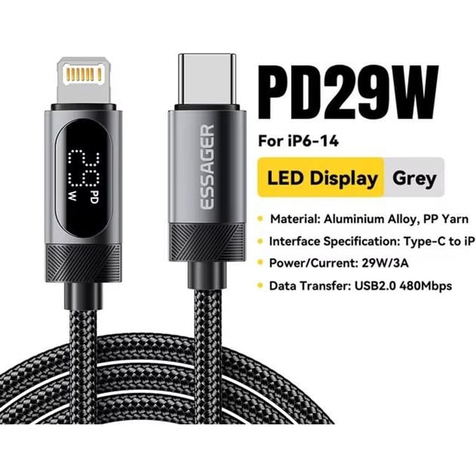 Essager Digitale Display USB C Kabel Voor iPhone14 13 12 11 Pro Max PD 29 W Snel Opladen Type C Naar Verlichting Kabel Voor iPad Macbook