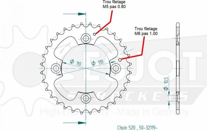 Couronne de transmission Esjot pour Quad Adly 300 Interceptor Rs 2007 à 2011 Neuf