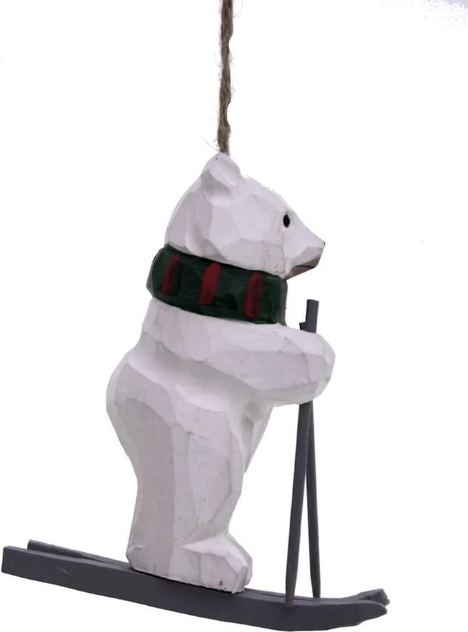 Ornament Beer wit op ski's, hout 9x4x10,5cm