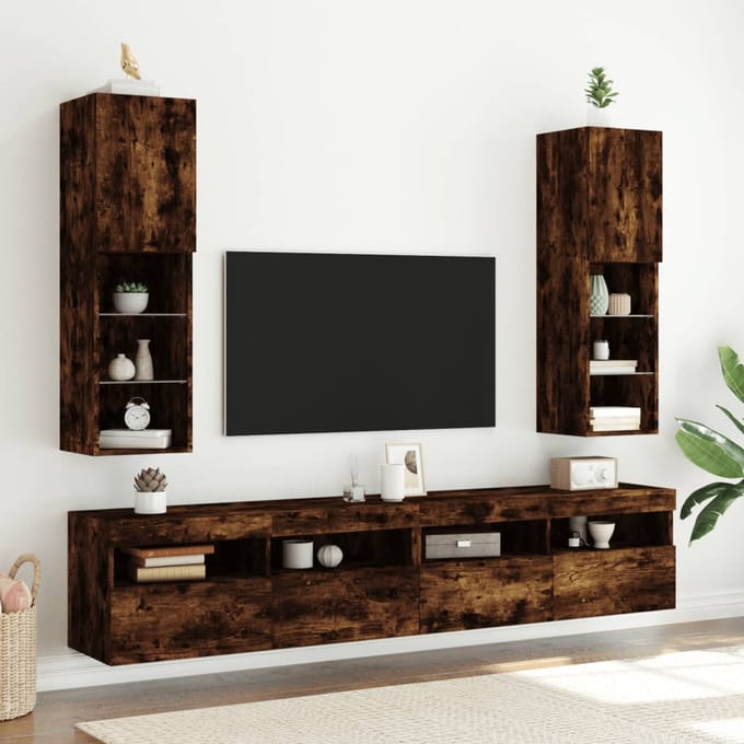 vidaXL - Tv-meubels - LED-verlichting - 2 - st - 30,5x30x102 - cm - gerookt - eiken