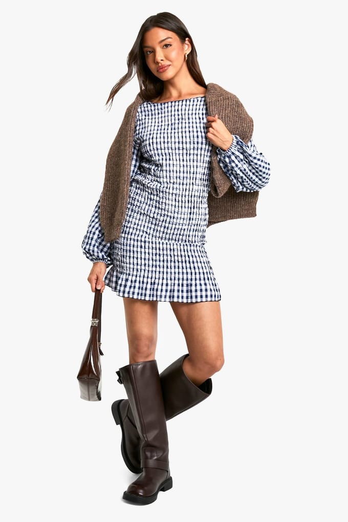 boohoo Dames Gingham geplooide lange mouw mini jurk | Marineblauw | Maat: 42
