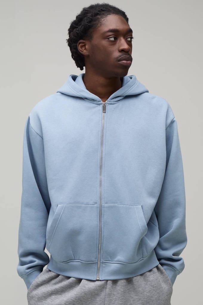 Boxy Zip Through Hoodie | Dusty Blue | Size Medium