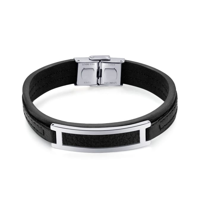 Twice As Nice Armband in edelstaal, zwart leder, centraal motief 21cm