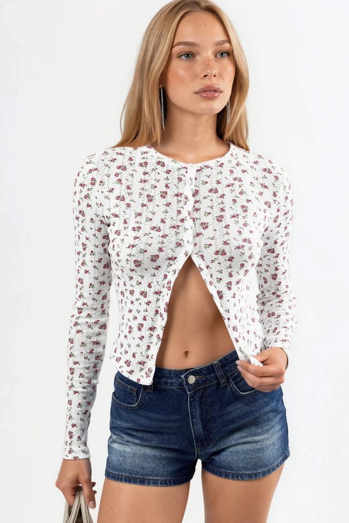 Bloemrijke Geribbelde Crop Blouse met Knopsluiting