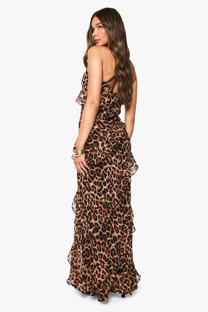 boohoo Dames Leopard Chiffon Ruffle Maxi Jurk | Bruin | Maat: 36
