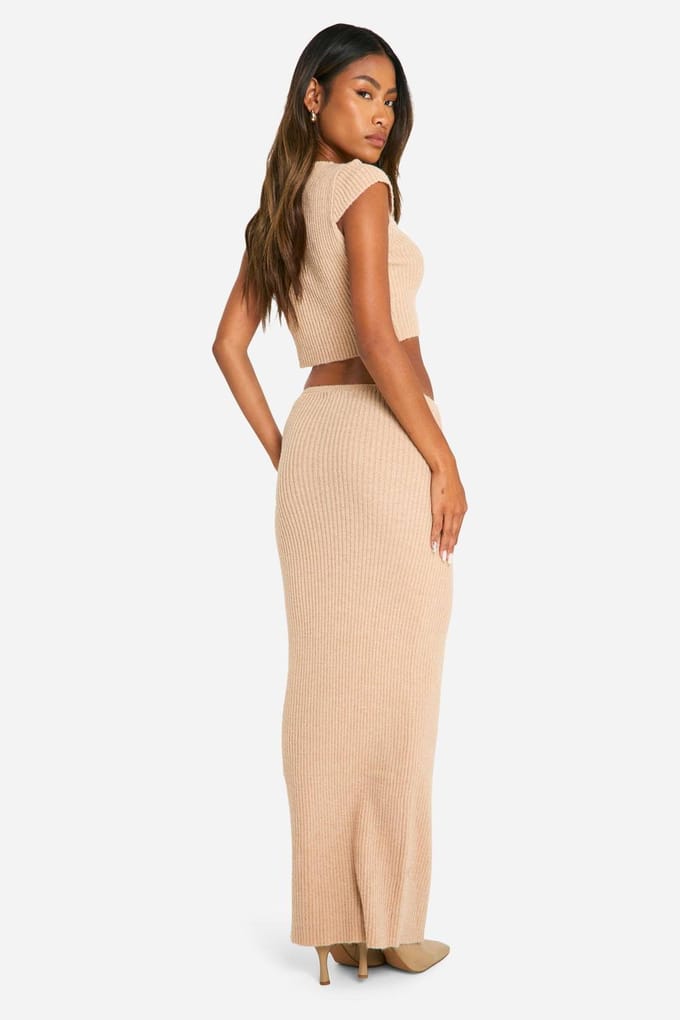 boohoo Dames Ribgebreide top & gedrapeerde maxi-rok co-ord | Beige | Maat: Large