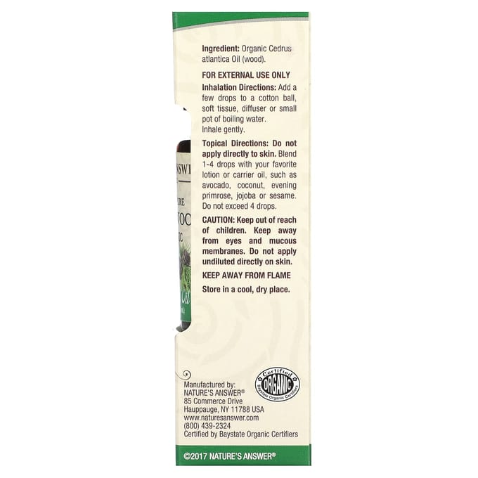 Nature'S Answer, 100% Pure Organic Essential Oil, Cedarwood, 15 Ml (0.5 Fl Oz)