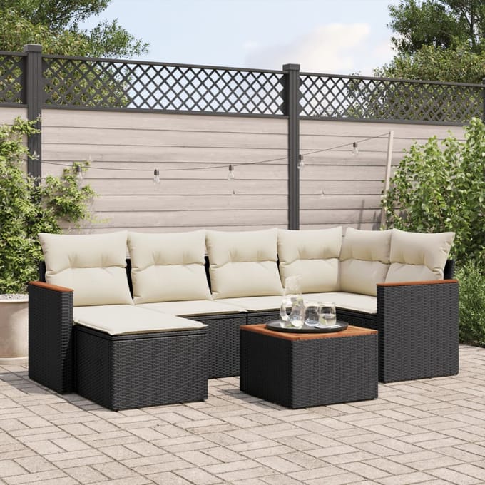 vidaXL - 7-delige - Loungeset - met - kussens - poly - rattan - zwart