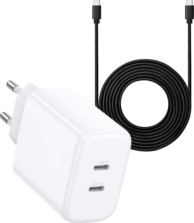 35W Dubbele USB C Oplaadstekker + Nylon USB-C Kabel 2 Meter - USB C naar USB C - 35 Watt - GaN Snel Lader - Super Fast Charge