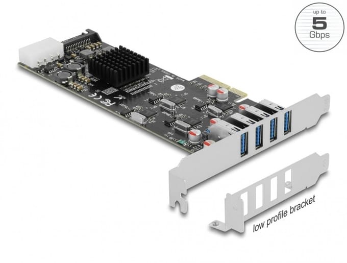 Delock PCI Express x4 Card to 4 x external SuperSpeed USB 5 Gbps (USB 3.2 Gen 1) USB Type-A female Quad Channel - Low Profile Form Factor