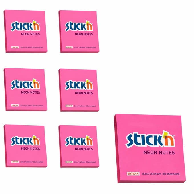 Stick'n sticky notes - 6-pack - 76x76mm, neon magenta, 100 memoblaadjes per blok