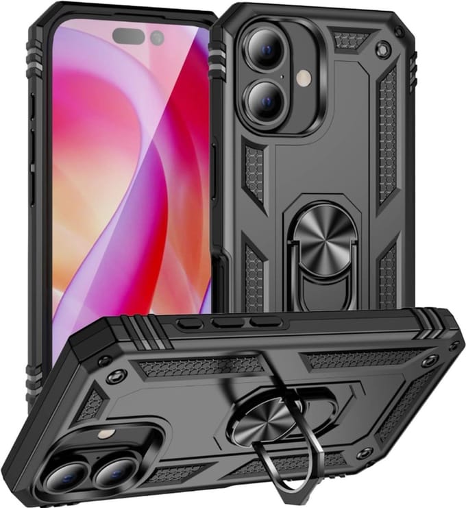 Cityhoesje – Armor Kickstand – Ring BackCover – iPhone 16 Plus – Zwart