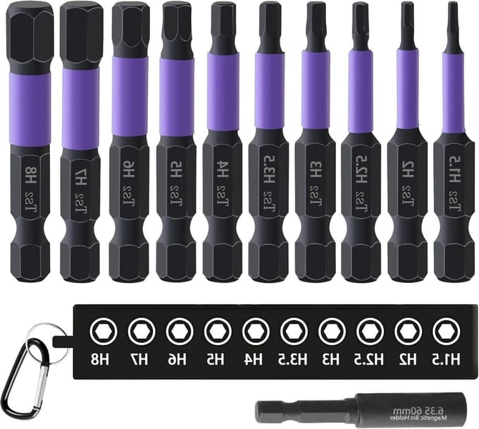 Set van 10 hexagonale schroevendraaierbits, 50 mm, H1.5 – H8, S2, magnetische schroefbits voor impact schroevendraaiers met verlengstuk en bit houder